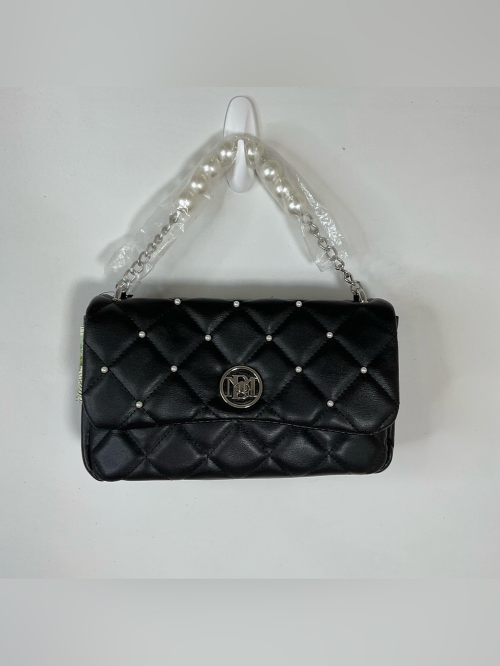 Badgley Mischka Black Quilted Pearl-Stud Chain Shoulder Bag NWT